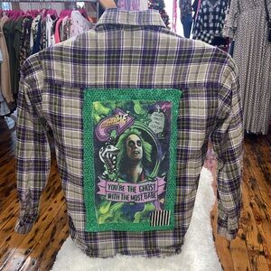 Bettle juice Purple and green Plaid button up Shirt withGraphic Patch